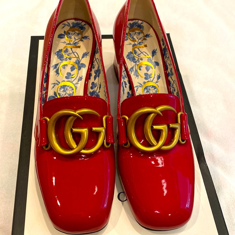 Gucci Red Patent Leather Gg Marmont Mid-heels Victoire 55 Pumps size 36